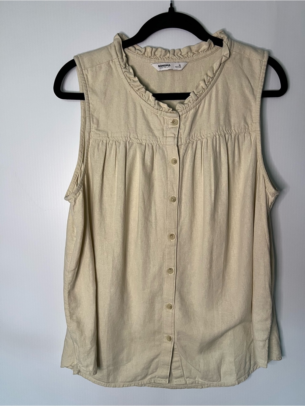 Sonoma Cream Sleeveless Ruffle-Neck Button Front Blouse